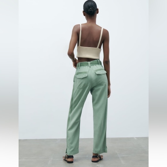 ZARA PAPERBACK PANTS WITH CONTRASTING BELT GREEN Sz L - Picture 6 of 16
